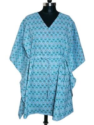 Blue Stylish Cotton Kaftan Maxi Dress Free Size Short Floral Print Tunic Summer Boho Beach Cover Up Outfit