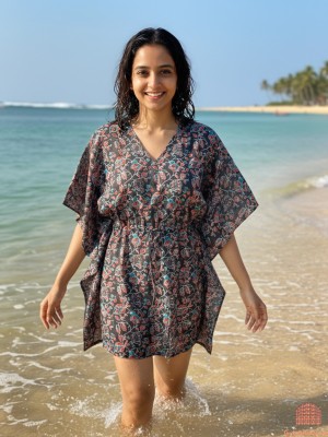 Navy Blue Women's Free Size Cotton Kaftan Maxi Dress Floral Printed Tunic Short Summer Outfit Boho Beach Cover Up