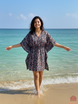 Navy Blue Women's Free Size Cotton Kaftan Maxi Dress Floral Printed Tunic Short Summer Outfit Boho Beach Cover Up