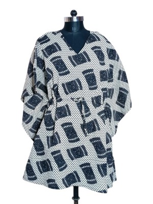 White Free Size Bohemian Cotton Kaftan Maxi Dress Floral Printed Summer Tunic Short Beach Cover Up for Women