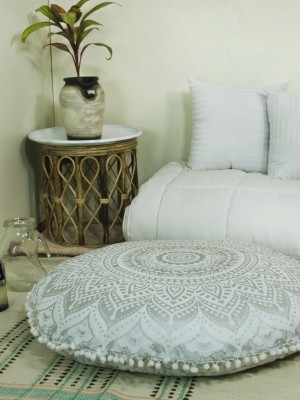 Silver & White Mandala Round Cushion Cover Small Floor Pillow Cover Pet Bedding - 18" Inch