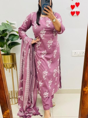 Pink Floral Printed Designer Readymade Indian Straight Shalwar Suit Kurti Pant Set for Women - Set of 3