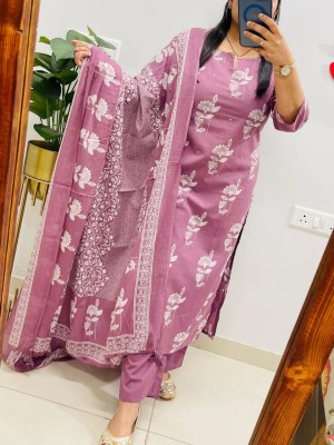 Pink Floral Printed Designer Readymade Indian Straight Shalwar Suit Kurti Pant Set for Women - Set of 3