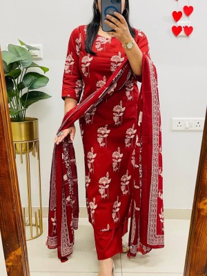 Red Floral Printed Designer Readymade Indian Straight Shalwar Suit Kurti Pant Set for Women - Set of 3