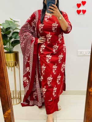 Red Floral Printed Designer Readymade Indian Straight Shalwar Suit Kurti Pant Set for Women - Set of 3
