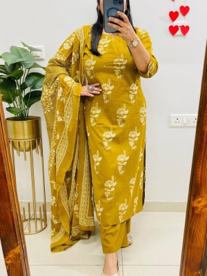 Mustard Green Floral Printed Designer Readymade Indian Straight Shalwar Suit Kurti Pant Set for Women - Set of 3