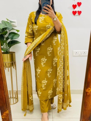 Mustard Green Floral Printed Designer Readymade Indian Straight Shalwar Suit Kurti Pant Set for Women - Set of 3