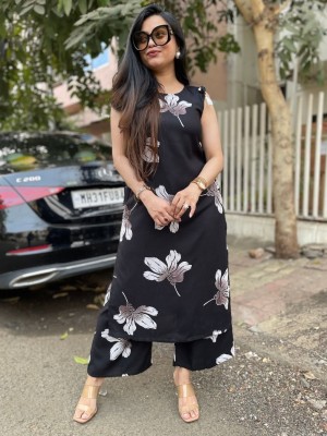 Black Floral Printed Summer Stylish Cotton Sleeveless Kurti Pant Co Ord Set For Women with Pocket