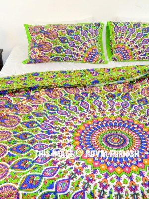Green Multi Boho Medallion Mandala Duvet Cover with Set of 2 Pillow Covers