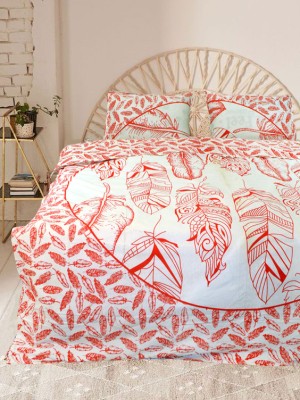 Red & White Summer Feathers Boho Mandala Cotton Duvet Cover with Set of 2 Pillow Covers