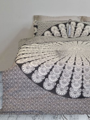 Black & White Peafowl Mandala Cotton Queen Duvet Cover Bedding with Set of Pillow Covers