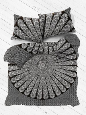 Black & White Peafowl Mandala Cotton Queen Duvet Cover Bedding with Set of Pillow Covers