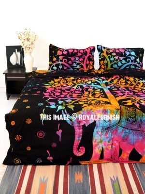 Colorful Hippie Tie Dye Elephant Tree of Life Duvet Covers with Set of 2 Pillow Covers
