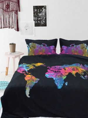 Multi Colorful Tie Dye World Map Cotton Queen Duvet Cover Set with 2 Pillow Cases
