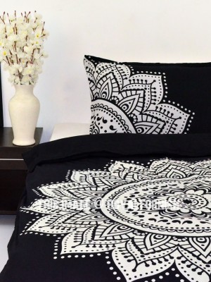 Black Multi Medallion Mandala Twin Size Duvet Cover Set with One Pillow Sham