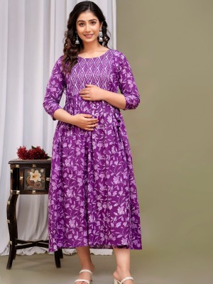 Purple Baby Feeding Gown Floral Printed Maternity Kurti Round Neck Anarkali Kurta with Hidden Feeding Zip