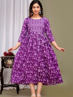 Purple Baby Feeding Gown Floral Printed Maternity Kurti Round Neck Anarkali Kurta with Hidden Feeding Zip