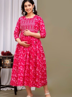 Red Cotton Baby Feeding Gown Floral Printed Maternity Kurti Anarkali Kurta with Hidden Feeding Zip