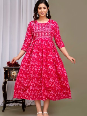 Red Cotton Baby Feeding Gown Floral Printed Maternity Kurti Anarkali Kurta with Hidden Feeding Zip
