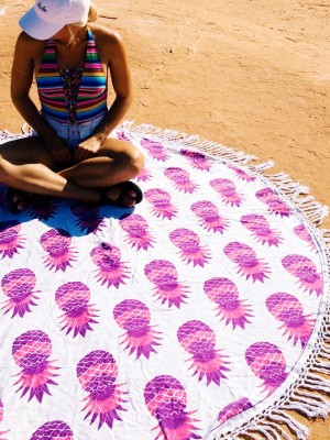 Hippie Pineapple Printed Fringed Roundie Beach Throw, Round Table Cloth