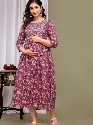 Wine Cotton Baby Feeding Gown Floral Printed Maternity Kurti Anarkali Kurta with Hidden Feeding Zip
