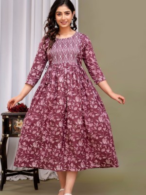 Wine Cotton Baby Feeding Gown Floral Printed Maternity Kurti Anarkali Kurta with Hidden Feeding Zip