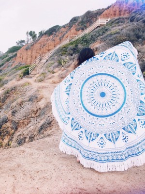 Boho Flower Ombre Mandala Roundie Beach Throw, Fringed Round Table Cloth - 70" Inch