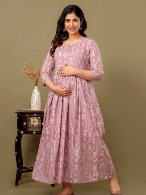 Pink Cotton Baby Feeding Gown Floral Printed Maternity Kurti Anarkali Kurta with Hidden Feeding Zip