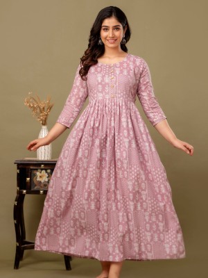 Pink Cotton Baby Feeding Gown Floral Printed Maternity Kurti Anarkali Kurta with Hidden Feeding Zip