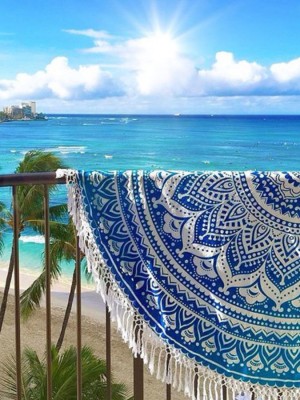 Classic Bohemian Ombre Mandala Roundie Beach Throw, Fringed Round Table Cloth