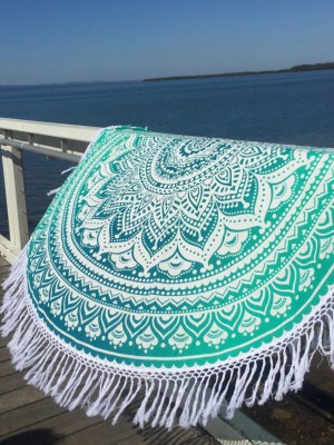 Classic Bohemian Ombre Mandala Roundie Beach Throw, Fringed Round Table Cloth