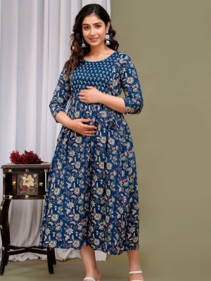 Blue Floral Print Soft Cotton Maternity Kurti Gown for Baby Feeding Anarkali Kurti with Hidden Feeding Zip