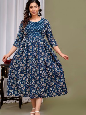 Blue Floral Print Soft Cotton Maternity Kurti Gown for Baby Feeding Anarkali Kurti with Hidden Feeding Zip