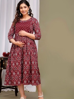 Maroon Floral Print Soft Cotton Maternity Kurti Gown for Baby Feeding Anarkali Kurti with Hidden Feeding Zip