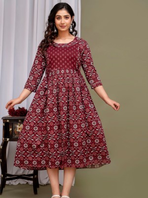 Maroon Floral Print Soft Cotton Maternity Kurti Gown for Baby Feeding Anarkali Kurti with Hidden Feeding Zip