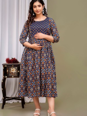 Blue & Red Floral Print Soft Cotton Maternity Kurti Gown for Baby Feeding Anarkali Kurti with Hidden Feeding Zip