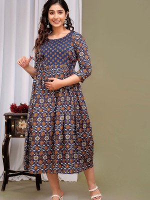 Blue & Red Floral Print Soft Cotton Maternity Kurti Gown for Baby Feeding Anarkali Kurti with Hidden Feeding Zip