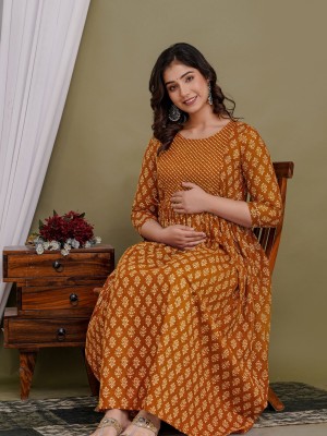 Mustard Printed Soft Cotton Maternity Kurti Gown for Baby Feeding Anarkali Kurti with Hidden Feeding Zip