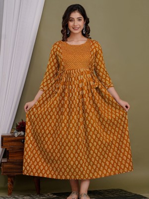 Mustard Printed Soft Cotton Maternity Kurti Gown for Baby Feeding Anarkali Kurti with Hidden Feeding Zip