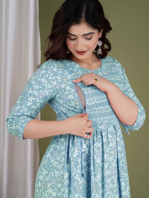 Sky Blue Printed Soft Cotton Maternity Kurti Gown for Baby Feeding Anarkali Kurti with Hidden Feeding Zip