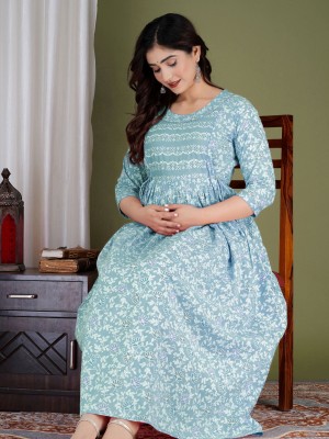 Sky Blue Printed Soft Cotton Maternity Kurti Gown for Baby Feeding Anarkali Kurti with Hidden Feeding Zip