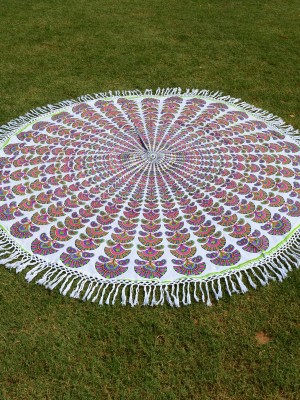 Boho Peacock Feathers Mandala Roundie Beach Throw, Fringed Round Table Cloth