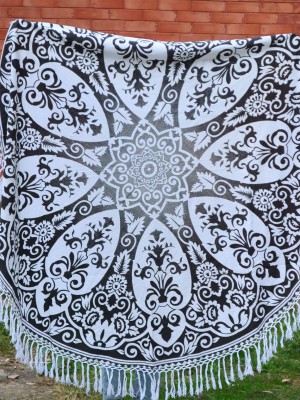 Flower Ombre Mandala Roundie Beach Throw, Bohemian Fringed Round Table Cloth