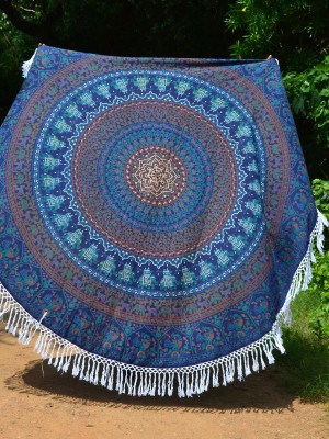 Rajasthani Elephant Peacock Mandala Roundie Beach Throw, Fringed Round Table Cloth