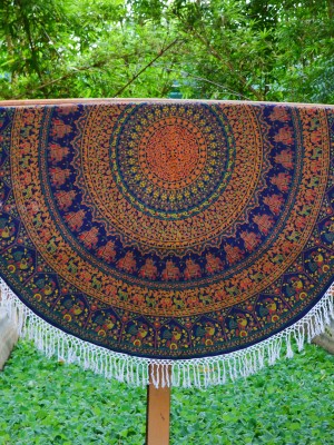 Rajasthani Elephant Peacock Mandala Roundie Beach Throw, Fringed Round Table Cloth