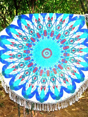 Colorful Trippy Medallion Mandala Roundie Beach Throw, Fringed Round Table Cloth