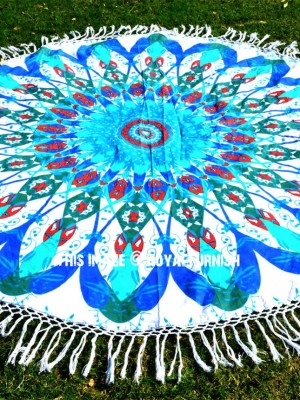 Colorful Trippy Medallion Mandala Roundie Beach Throw, Fringed Round Table Cloth