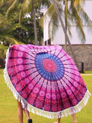 Bohemian Peafowl Mandala Roundie Beach Throw, Fringed Round Table Cloth
