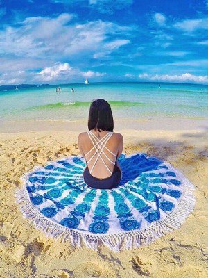 Bohemian Peafowl Mandala Roundie Beach Throw, Fringed Round Table Cloth