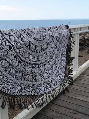 Black & White Bohemian Elephant Mandala Roundie Beach Throw, Fringed Round Table Cloth